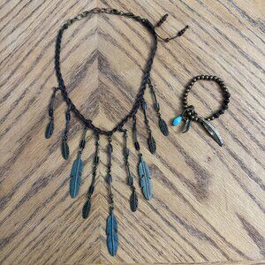 Native American Handmade Necklace and Bracelet Metal Arrows and Feathers